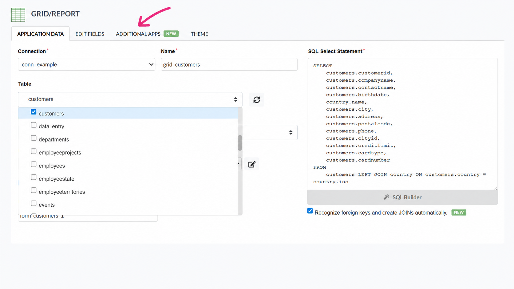 Selecting the main table and enabling the Additional Apps tab in Scriptcase
