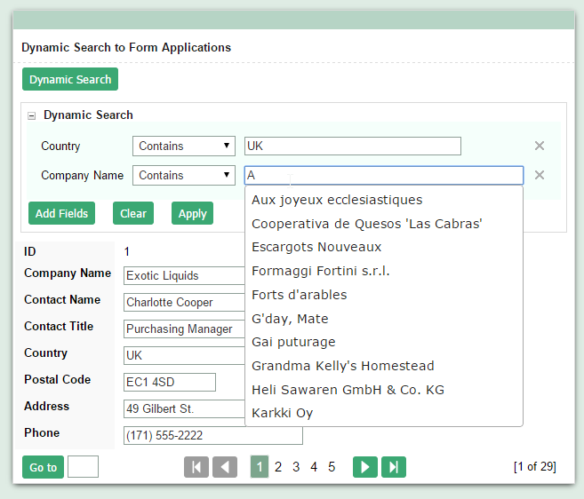 Dynamic Search to Form Applications